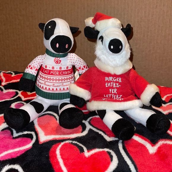 Chick-fil-A 2 Christmas Cow Plush Santa & Ulgy Sweater Cows - Picture 2 of 7